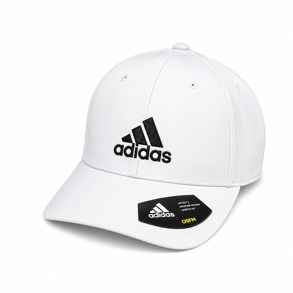 White adidas OSFM adjustable golf cap with black logo