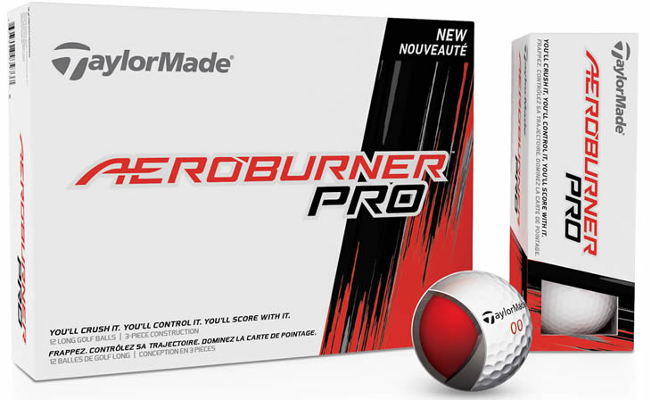 TaylorMade AeroBurner Pro golf balls box, sleeve, and ball